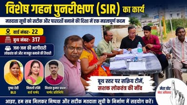 🗳️ SIR विशेष गहन पुनरीक्षण अभियान जारी!
हजारीबाग नगर निगम के वार्ड संख्या 22 के बूथ संख्या 317 में SIR विशेष गहन पुनरीक्षण का कार्य जारी है।
BLO पुष्पा देवी के साथ वार्ड पार्षद मिताली रश्मि एवं पार्षद प्रतिनिधि निशांत कुमार प्रधान मतदाता सूची पुनरीक्षण कार्य में अपनी जिम्मेदारी निभा रहे हैं।
✅ अपने मतदाता संबंधी जानकारी की जांच करें और आवश्यक दस्तावेज़ समय पर उपलब्ध कराकर लोकतंत्र को मजबूत बनाने में सहयोग करें।
#Hazaribagh #Ward22 #Booth317 #SIR #SpecialIntensiveRevision #VoterList #ElectionCommission #BLO #PushpaDevi #MitaliRashmi #NishantKumarPradhan #HazaribaghNews #Jharkhand #Democracy #Voting #FacebookVideo