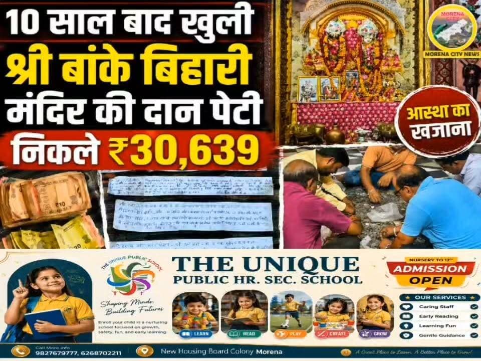 10 साल बाद खुली श्री बांके बिहारी मंदिर की दान पेटी, निकले ₹30,639 और मन्नतों से भरी पर्चियां
मुरैना। श्री बांके बिहारी मंदिर की दान पेटी करीब 10 साल बाद खोली गई। कलेक्टर के निर्देश पर नायब तहसीलदार योगेंद्र त्रिपाठी के नेतृत्व में राजस्व विभाग की टीम ने दान पेटी खोली। करीब ढाई घंटे चली गिनती में ₹30,639 नकद मिले। इसके अलावा बड़ी संख्या में श्रद्धालुओं की मन्नतों की पर्चियां और कुछ जले-कटे पुराने नोट भी निकले। गिनती पूरी होने के बाद पूरी राशि सरकारी खजाने में जमा करा दी गई। मंदिर के पूजारी विकास शर्मा ने बताया कि इससे पहले वर्ष 2016-17 में तत्कालीन एसडीएम प्रदीप तोमर की मौजूदगी में दान पेटी खोली गई थी।
#मुरैना #morena #मंदिर #चढ़ावा