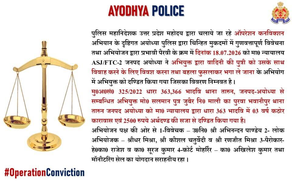 <nis:link nis:type=tag nis:id=operationconviction nis:value=OperationConviction nis:enabled=true nis:link/> के तहत <nis:link nis:type=tag nis:id=ayodhyapolice nis:value=ayodhyapolice nis:enabled=true nis:link/> की प्रभावी पैरवी से ''अभि0 द्वारा वादिनी की पुत्री को विवाह करने के लिए विवश करना तथा बहला फुसलाकर भगा ले जाना" के अभियोग मे अभियुक्त को मा0न्यायालय द्वारा 3 वर्ष कठोर कारावास व 2500 रुपये अर्थदण्ड की सजा से दण्डित किया गया है।
<nis:link nis:type=tag nis:id=uppolice nis:value=UPPolice nis:enabled=true nis:link/> https://t.co/sbFbDTwEZ1
