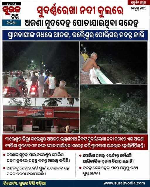 ସୁବର୍ଣ୍ଣରେଖା ନଦୀ କୂଳ ଲକ୍ଷ୍ମଣନାଥ ନଦୀ ପଠାରେ ଏକ ଅଜଣା ମୃତ ବ୍ୟକ୍ତିଙ୍କୁ ମାଟି ତଳେ ପୋତା ଯାଇଥିବା ସନ୍ଦେହ କରି ଗ୍ରାମ ବାସୀ ଭୟଭୀତ ଘଟଣା ସ୍ଥଳରେ ଜଳେଶ୍ୱର ପୋଲିସ ପହଞ୍ଚି ଅଧିକ ତଦନ୍ତ ଚଳାଇଛି