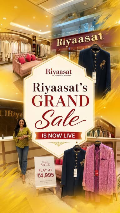 ✨ The Grand Sale You’ve Been Waiting For Is Here! ✨
Looking for the perfect ethnic outfit for weddings, festive celebrations, or your next special occasion? Now is the perfect time to shop!
Enjoy Up to 50% OFF on selected merchandise, along with exclusive Flat Prices of ₹7,995 & ₹4,995 on selected styles. Explore our premium collections featuring elegant wedding wear, festive ensembles, occasion wear, and menswear—crafted with timeless designs, exceptional quality, and unmatched variety for the entire family.
📅 Offer Valid: 16th July – 2nd August
📍 Available at all 4 Riyaasat stores in Ahmedabad – including Sindhu Bhavan (SBR) and CG Road.
(Ethnic Wear, Wedding Collection, Festive Wear, Menswear, Grand Sale)
#Riyaasat #EthnicWear #WeddingFashion #FestiveStyle #AmdavadShopping
Shop now before it’s gone!