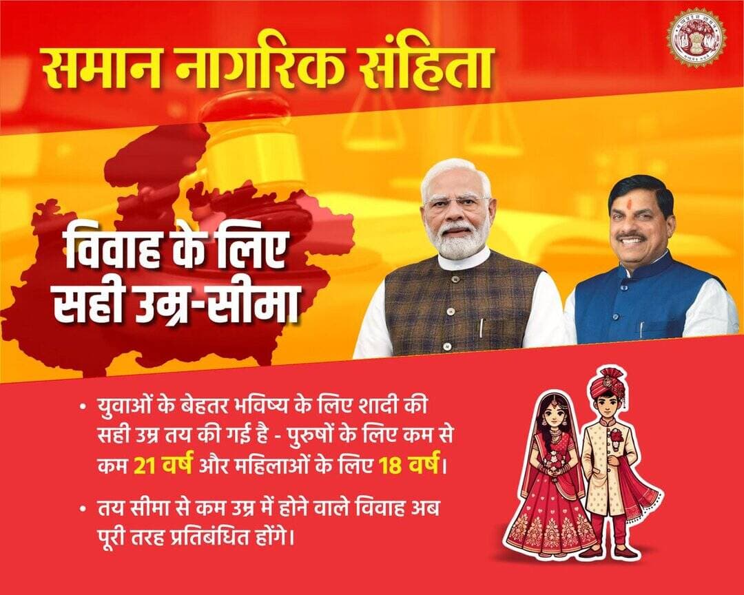 समान नागरिक संहिता
विवाह के लिए सही उम्र-सीमा
➡️ युवाओं के बेहतर भविष्य के लिए शादी की सही उम्र तय की गई है - पुरुषों के लिए कम से कम 21 वर्ष और महिलाओं के लिए 18 वर्ष।
@JansamparkMP
@DrMohanYadav51
@CMMadhyaPradesh
@riturajias
<nis:link nis:type=tag nis:id=uniformcivilcode nis:value=UniformCivilCode nis:enabled=true nis:link/> <nis:link nis:type=tag nis:id=uccmp nis:value=UCCMP nis:enabled=true nis:link/> <nis:link nis:type=tag nis:id=dewas nis:value=dewas nis:enabled=true nis:link/> <nis:link nis:type=tag nis:id=देवास nis:value=देवास nis:enabled=true nis:link/> https://t.co/D82VBcEiWD