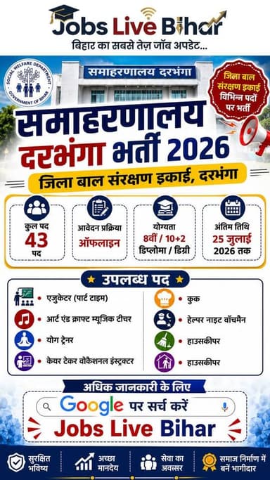 🚨 समाहरणालय दरभंगा भर्ती 2026 | 43 पदों पर भर्ती | बिना परीक्षा सीधी भर्ती ✅
🔍 अधिक जानकारी के लिए Google पर सर्च करें: Jobs Live Bihar
#DarbhangaRecruitment
#SarkariNaukri
#JobsLiveBihar
#MukeshGupta
#viralreelsシ