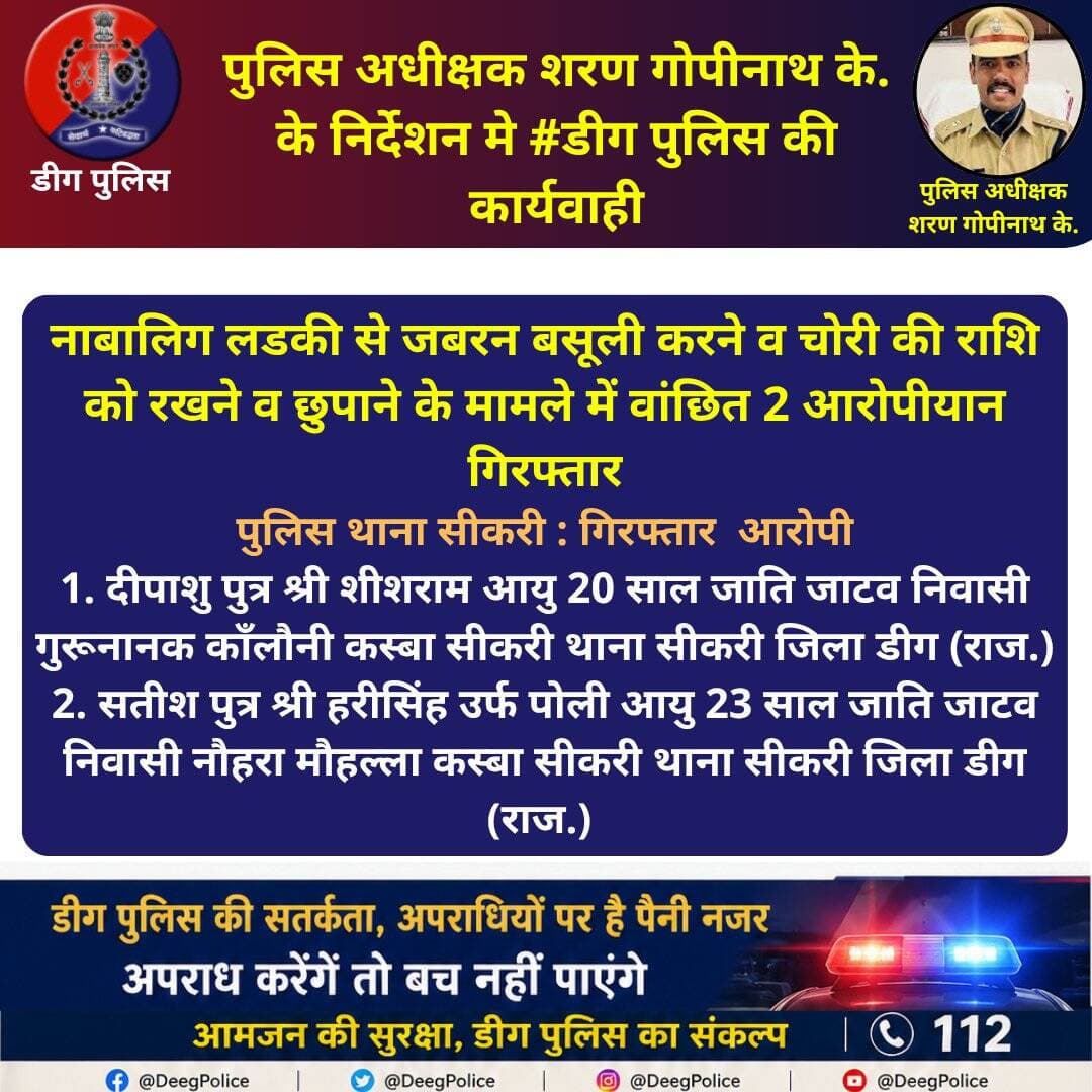पुलिस अधीक्षक शरण गोपीनाथ के. के निर्देशन मे <nis:link nis:type=tag nis:id=डीग nis:value=डीग nis:enabled=true nis:link/> पुलिस की कार्यवाही
नाबालिग लडकी से जबरन बसूली करने व चोरी की राशि को रखने व छुपाने के मामले में वांछित 2 आरोपीयान पुलिस थाना सीकरी द्वारा गिरफ्तार
<nis:link nis:type=tag nis:id=deegpolice nis:value=DeegPolice nis:enabled=true nis:link/> <nis:link nis:type=tag nis:id=rajasthanpolice nis:value=RajasthanPolice nis:enabled=true nis:link/>
@PoliceRajasthan https://t.co/TVfDBqdH3J