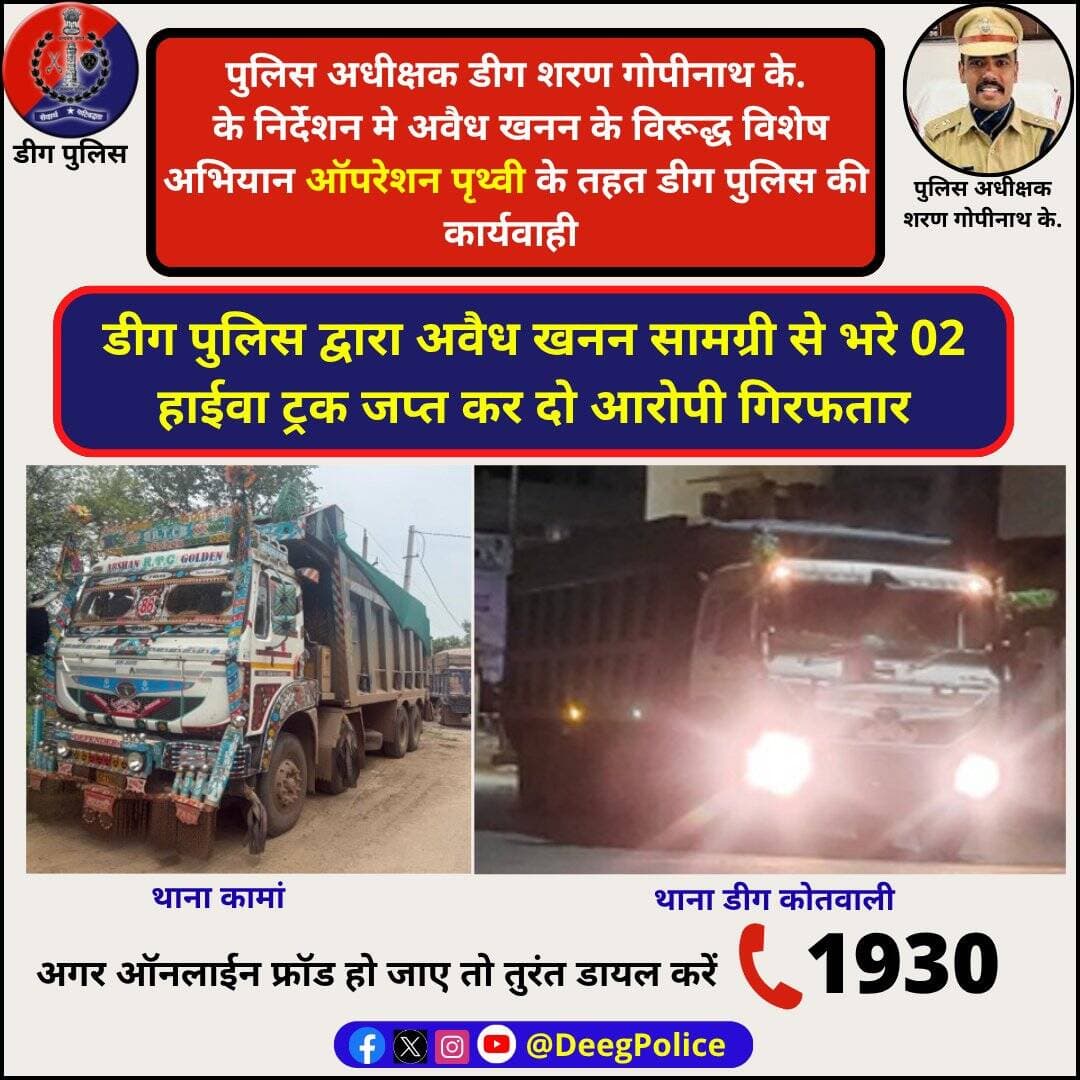 पुलिस अधीक्षक शरण गोपीनाथ के. के निर्देशन मे अवैध खनन के विरूद्ध विशेष अभियान ऑपरेशन <nis:link nis:type=tag nis:id=पृथ्वी nis:value=पृथ्वी nis:enabled=true nis:link/> के तहत <nis:link nis:type=tag nis:id=डीग nis:value=डीग nis:enabled=true nis:link/> पुलिस की कार्यवाही
डीग पुलिस द्वारा अवैध <nis:link nis:type=tag nis:id=खनन nis:value=खनन nis:enabled=true nis:link/> सामग्री से भरे 02 हाईवा ट्रक जप्त कर दो आरोपी गिरफतार
<nis:link nis:type=tag nis:id=deegpolice nis:value=DeegPolice nis:enabled=true nis:link/> <nis:link nis:type=tag nis:id=rajasthanpolice nis:value=RajasthanPolice nis:enabled=true nis:link/>
@PoliceRajasthan https://t.co/dib3ZddvEW