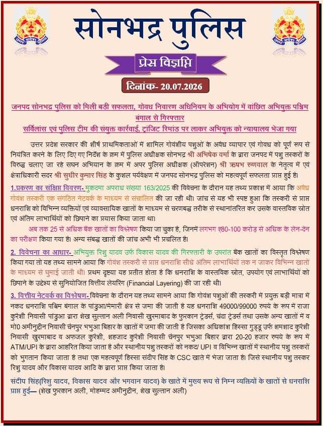 ➡️जनपद सोनभद्र पुलिस को मिली बड़ी सफलता, गोवध निवारण अधिनियम के अभियोग में वांछित अभियुक्त पश्चिम बंगाल से गिरफ्तार-
➡️सर्विलांस एवं पुलिस टीम की संयुक्त कार्रवाई, ट्रांजिट रिमांड पर लाकर अभियुक्त को न्यायालय भेजा गया-
@digmirzapur
@adgzonevaranasi
@Uppolice
@dgpup https://t.co/g61aHkJe6d