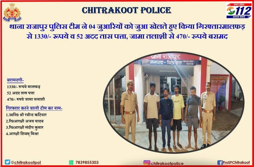 <nis:link nis:type=tag nis:id=chitrakoot nis:value=Chitrakoot nis:enabled=true nis:link/>
थाना राजापुर पुलिस टीम ने 04 जुआरियों को जुआ खेलते हुए किया गिरफ्तार
मालफड़ से 1330/- रूपये व 52 अदद तास पत्ता, जामा तलाशी से 470/- रुपये बरामद। https://t.co/wDwhqRBO0H
