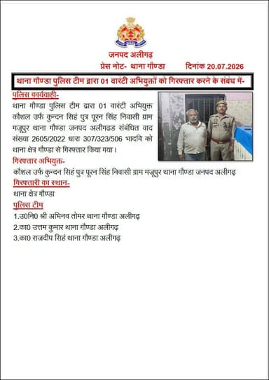 #AliarhPolice
थाना गौण्डा पुलिस टीम द्वारा 01 वारंटी अभियुक्तों को गिरफ्तार करने के संबंध में-
#UPPolice https://t.co/5Qzpzv68XT