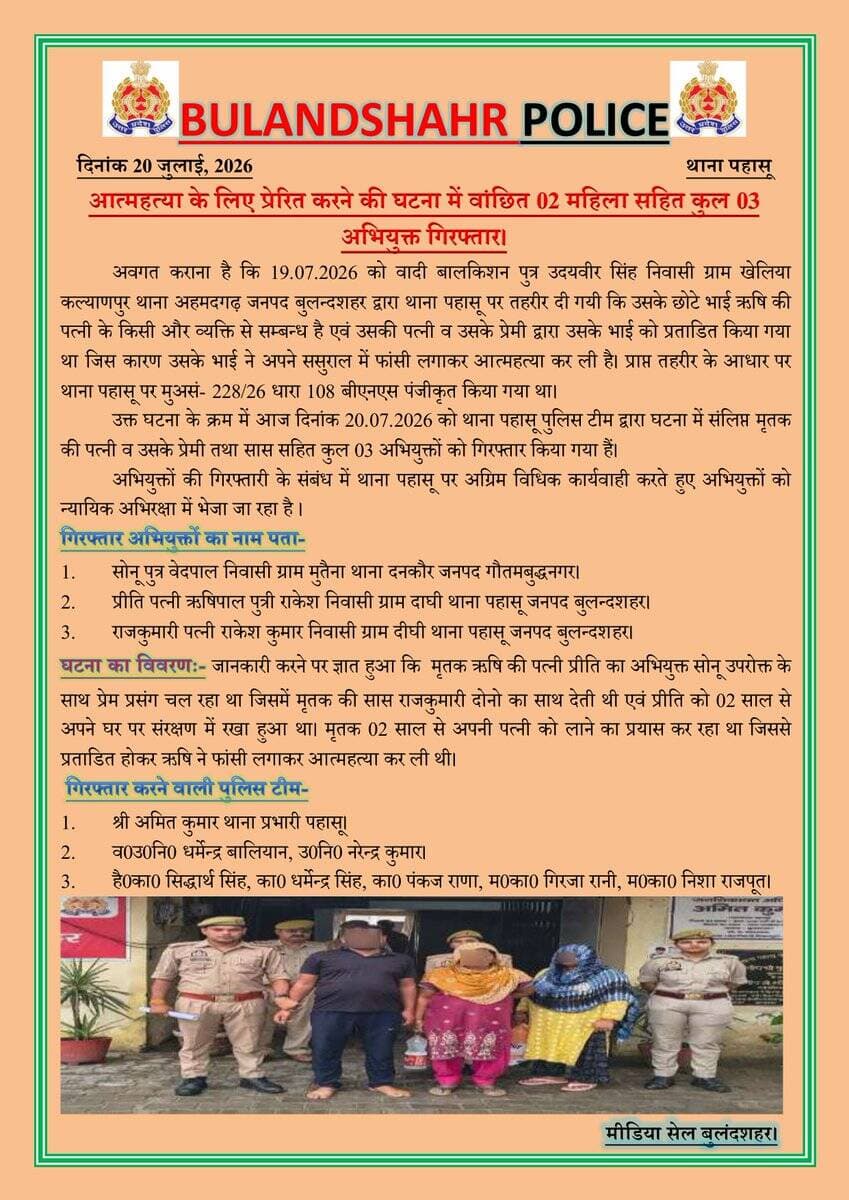 थाना पहासू पुलिस द्वारा आत्महत्या के लिए प्रेरित करने की घटना में वांछित 02 महिला सहित कुल 03 अभियुक्त गिरफ्तार।
<nis:link nis:type=tag nis:id=uppolice nis:value=UPPolice nis:enabled=true nis:link/> https://t.co/pgodz1Gkgz