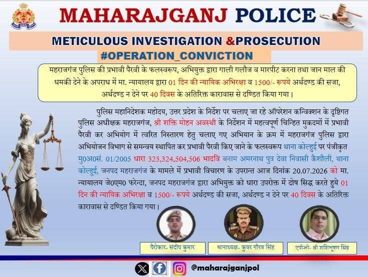 <nis:link nis:type=tag nis:id=maharajganjpolice nis:value=MaharajganjPolice nis:enabled=true nis:link/>
<nis:link nis:type=tag nis:id=operation_conviction nis:value=Operation_Conviction nis:enabled=true nis:link/> | महराजगंज पुलिस
प्रभावी विवेचना एवं सशक्त पैरवी के फलस्वरूप थाना <nis:link nis:type=tag nis:id=कोल्हुई nis:value=कोल्हुई nis:enabled=true nis:link/> के मुकदमे में माननीय न्यायालय द्वारा अभियुक्त को दोषसिद्ध करते हुए 01 दिन की न्यायिक अभिरक्षा एवं ₹1500 अर्थदण्ड से दंडित किया गया।
▶️ अर्थदण्ड अदा न करने पर 40 दिन के अतिरिक्त कारावास का आदेश दिया गया।
@Uppolice