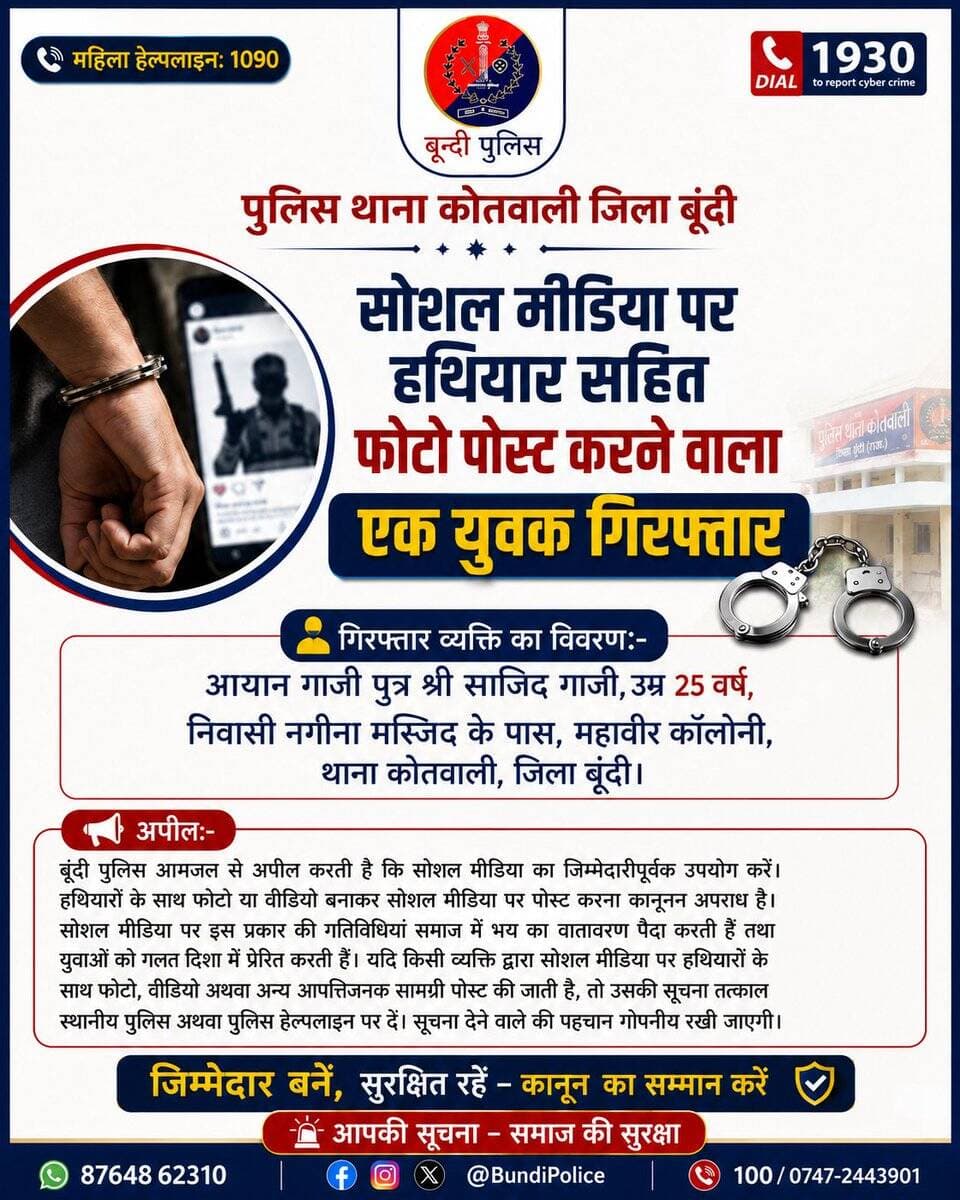 सोशल मीडिया पर हथियारों का प्रदर्शन पड़ा भारी।
सोशल मीडिया पर हथियार सहित फोटो पोस्ट करने वाले युवक को किया <nis:link nis:type=tag nis:id=गिरफ्तार। nis:value=गिरफ्तार। nis:enabled=true nis:link/>
<nis:link nis:type=tag nis:id=bundipolice nis:value=BundiPolice nis:enabled=true nis:link/> <nis:link nis:type=tag nis:id=socialmedia nis:value=SocialMedia nis:enabled=true nis:link/> <nis:link nis:type=tag nis:id=safebundi nis:value=SafeBundi nis:enabled=true nis:link/>
@PoliceRajasthan @IgpKota @RajCMO https://t.co/Vd6HCi4yzF