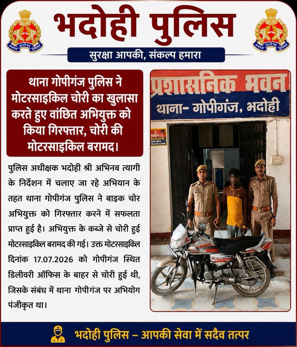 ◆श्री अभिनव त्यागी, पुलिस अधीक्षक भदोही के निर्देशन एवं श्री शुभम अग्रवाल, अपर पुलिस अधीक्षक भदोही के कुशल पर्यवेक्षण में अपराधियों के विरुद्ध चलाए जा रहे गिरफ्तारी अभियान के तहत, थाना गोपीगंज पुलिस को आज एक बड़ी सफलता हाथ लगी है।
◆पुलिस टीम ने मुखबिर की सटीक सूचना पर कार्यवाही करते हुए एक शातिर वांछित अभियुक्त को गिरफ्तार, कब्जे से चोरी की 01 अदद मोटरसाइकिल बरामद।
@Uppolice
@adgzonevaranasi
@digmirzapur