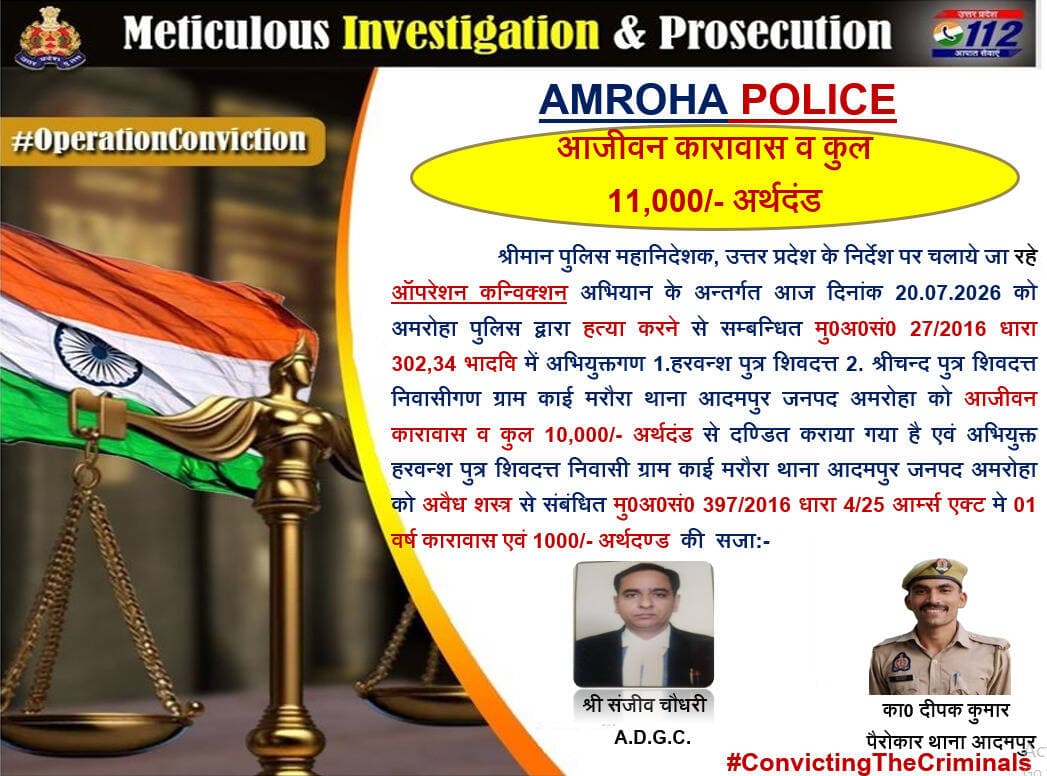 <nis:link nis:type=tag nis:id=operationconviction nis:value=OperationConviction nis:enabled=true nis:link/>
अमरोहा पुलिस की गुणवत्तापूर्ण विवेचना से मा0 न्यायालय द्वारा हत्या व अवैध शस्त्र से संबंधित अभियोग में 02 अभियुक्तों को आजीवन कारावास व कुल 11,000/- अर्थदंड की कराई गई सजा।
@Uppolice https://t.co/s35WjVk8L1