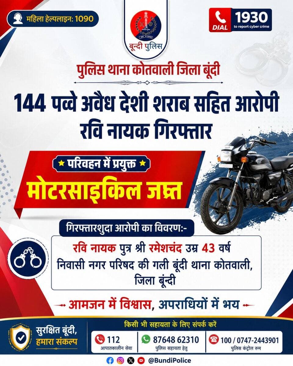 अवैध शराब के विरुद्ध <nis:link nis:type=tag nis:id=बून्दी_पुलिस nis:value=बून्दी_पुलिस nis:enabled=true nis:link/> की लगातार कार्यवाही
144 पव्वे अवैध देशी शराब सहित आरोपी रवि नायक गिरफ्तार
परिवहन में प्रयुक्त मोटरसाइकिल जब्त
थाना कोतवाली पुलिस टीम की कार्यवाही
<nis:link nis:type=tag nis:id=bundipolice nis:value=BundiPolice nis:enabled=true nis:link/> @IgpKota @PoliceRajasthan https://t.co/wrY8rYyGDu