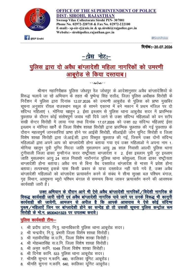 सिरोही पुलिस द्वारा दो अवैध बांग्लादेशी महिला नागरिकों को आबूरोड से किया दस्तीय।
@igp_jodhpur
@policerajasthan
<nis:link nis:type=tag nis:id=sirohi nis:value=sirohi nis:enabled=true nis:link/> https://t.co/2mS5Hgun57