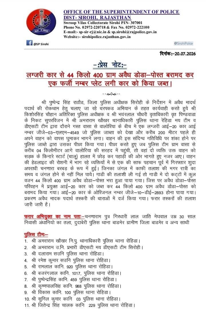 सिरोही पुलिस द्वारा कार से 44 किलो 400 ग्राम अवैध डोडा पोस्त बरामदकर कार को किया जप्त
@igp_jodhpur
@policerajasthan
<nis:link nis:type=tag nis:id=sirohi nis:value=sirohi nis:enabled=true nis:link/> https://t.co/3ql5dBUIWD