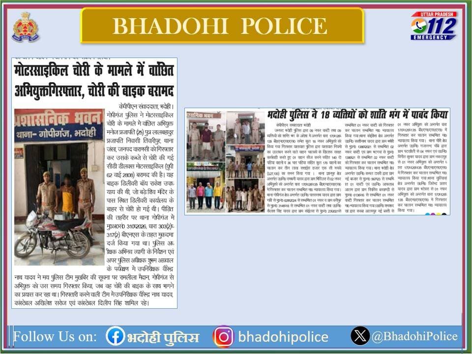 जनपद भदोही पुलिस द्वारा किये गये सराहनीय कार्य/कानून व्यवस्था के सम्बन्ध में दैनिक समाचार पत्रों में प्रकाशन दिनांक-21.07.2026 <nis:link nis:type=tag nis:id=bhadohipoliceinnews nis:value=bhadohipoliceinnews nis:enabled=true nis:link/> <nis:link nis:type=tag nis:id=uppoliceinnews nis:value=UPPoliceInNews nis:enabled=true nis:link/> https://t.co/D93Fh8Q5j6