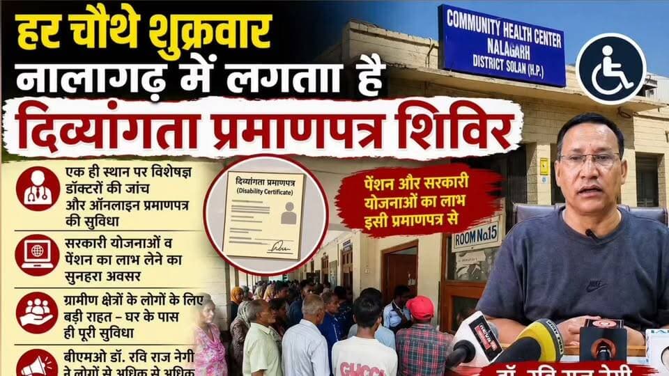 हर चौथे शुक्रवार नालागढ़ में लगता है दिव्यांगता प्रमाणपत्र शिविर
एक ही स्थान पर विशेषज्ञ डॉक्टरों की जांच और ऑनलाइन प्रमाणपत्र की सुविधा
सरकारी योजनाओं व पेंशन का लाभ लेने का सुनहरा अवसर
बीएमओ डॉ. रवि राज नेगी ने लोगों से अधिक से अधिक लाभ उठाने की अपील की
#Nalagarh #DisabilityCertificateCamp #दिव्यांगता_प्रमाणपत्र #HandicapCertificate #CommunityHealthCenter #CHCNalagarh #DrRaviRajNegi #HealthDepartmentHP #HimachalPradesh #GovernmentSchemes #DisabilityPension #OnlineCertificate #Healthcare #PublicAwareness #SolanNews #NalagarhNews #SJTVPHH
