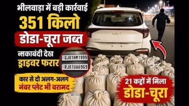 🚨 भीलवाड़ा में पुलिस की बड़ी कार्रवाई
🚔 जहाजपुर क्षेत्र में नाकाबंदी के दौरान पुलिस ने एक लग्जरी Kia Carens से 351 किलो 220 ग्राम अवैध डोडा-चूरा जब्त किया।
⚠️ नाकाबंदी देखकर चालक कार मोड़कर भाग निकला और बाईपास के पास वाहन छोड़कर अंधेरे का फायदा उठाते हुए फरार हो गया।
🔍 पुलिस को कार की तलाशी में:
✅ 21 कट्टों में 351.220 किलो डोडा-चूरा
✅ अजमेर और गुजरात की दो अलग-अलग नंबर प्लेट
✅ तस्करी में प्रयुक्त लग्जरी कार
पुलिस ने NDPS एक्ट के तहत मामला दर्ज कर फरार आरोपी और पूरे तस्करी नेटवर्क की तलाश शुरू कर दी है।
📍 स्थान: जहाजपुर, भीलवाड़ा (राजस्थान)
💬 इस कार्रवाई पर आपकी क्या राय है? कमेंट में बताइए।
#Bhilwara #Jahazpur #RajasthanPolice #Dodachura #NDPS CrimeNews BreakingNews RajasthanNews BhilwaraNews DrugSmuggling PoliceAction HindiNews RajasthanFocus