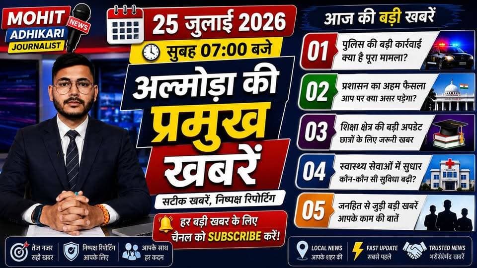 🚨 आज अल्मोड़ा में क्या-क्या हुआ? क्या आपने आज की सबसे बड़ी अपडेट देखी?
अगर नहीं, तो यह वीडियो आपके लिए है।
📢 25 जुलाई 2026 की अल्मोड़ा की प्रमुख खबरें—पुलिस, प्रशासन, शिक्षा, स्वास्थ्य, विकास और जनहित से जुड़ी सभी महत्वपूर्ण अपडेट एक ही वीडियो में।
🎥 वीडियो को अंत तक जरूर देखें, क्योंकि हर खबर आपके जिले से जुड़ी है और कोई भी महत्वपूर्ण अपडेट मिस नहीं होनी चाहिए।
👍 वीडियो पसंद आए तो Like करें।
💬 अपनी राय Comment में जरूर लिखें।
📤 अपने दोस्तों और परिवार के साथ Share करें।
🔔 Mohit Adhikari Journalist को Follow करें और हर बड़ी अपडेट सबसे पहले पाएं।
🕖 रोजाना सुबह 07:00 बजे
अल्मोड़ा की प्रमुख खबरें
सटीक खबरें • निष्पक्ष रिपोर्टिंग • आपके साथ हर पल
#Almora #AlmoraNews #AlmoraNewsToday #Uttarakhand #UttarakhandNews #BreakingNews #LatestNews #LocalNews #HindiNews #Kumaon #Ranikhet #MohitAdhikariJournalist #NewsUpdate #DailyNews #MorningNews #AlmoraLive #UttarakhandLive #FacebookNews #IndiaNews #Journalism