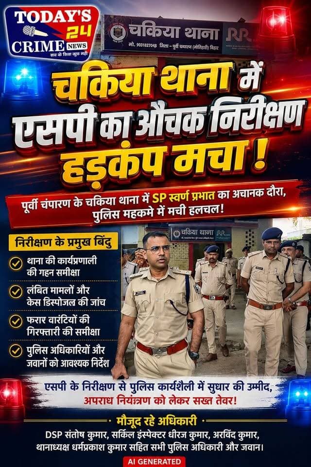 पूर्वी चंपारण के चकिया थाना में उस वक्त हड़कंप मच गया, जब जिले के एसपी स्वर्ण प्रभात अचानक औचक निरीक्षण के लिए पहुंच गए। एसपी के अचानक पहुंचते ही थाना परिसर में पुलिस अधिकारियों और जवानों में हलचल तेज हो गई।औचक निरीक्षण के दौरान एसपी स्वर्ण प्रभात ने थाना की कार्यप्रणाली, लंबित मामलों, केस डिस्पोजल और फरार वारंटियों की गिरफ्तारी की समीक्षा की। इस दौरान डीएसपी संतोष कुमार, सर्किल इंस्पेक्टर धीरज कुमार, अरविंद कुमार, थानाध्यक्ष धर्मप्रकाश कुमार सहित सभी पुलिस अधिकारी मौजूद रहे।।।।।।।।।
#amiteshkumar #motiharinewsupdate #Todays_24_Crime_News #motiharpolice #motiharisp