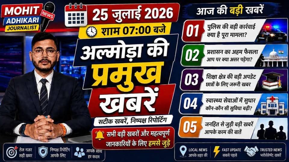 🚨 क्या आपने आज अल्मोड़ा की सबसे बड़ी खबरें देखी हैं?
अगर नहीं, तो यह वीडियो आपके लिए है।
📅 25 जुलाई 2026 | शाम 07:00 बजे
आज की अल्मोड़ा की प्रमुख खबरें—पुलिस, प्रशासन, राजनीति, शिक्षा, स्वास्थ्य और जनहित से जुड़ी सभी महत्वपूर्ण अपडेट एक ही वीडियो में।
🎥 वीडियो को अंत तक जरूर देखें, ताकि कोई भी महत्वपूर्ण खबर आपसे छूट न जाए।
👍 वीडियो पसंद आए तो Like करें।
💬 अपनी राय Comment में जरूर बताएं।
📤 अपने दोस्तों और परिवार के साथ Share करें।
🔔 Mohit Adhikari Journalist को Follow करें और हर बड़ी खबर व महत्वपूर्ण जानकारी के लिए हमसे जुड़े रहें।
🕖 रोजाना सुबह 07:00 बजे और शाम 07:00 बजे
अल्मोड़ा की प्रमुख खबरें
सटीक खबरें • निष्पक्ष रिपोर्टिंग • आपके साथ हर पल
#Almora #AlmoraNews #AlmoraNewsToday #Uttarakhand #UttarakhandNews #BreakingNews #LatestNews #LocalNews #HindiNews #Kumaon #Ranikhet #MohitAdhikariJournalist #NewsUpdate #DailyNews #EveningNews #AlmoraLive #UttarakhandLive #FacebookNews #IndiaNews #Journalism