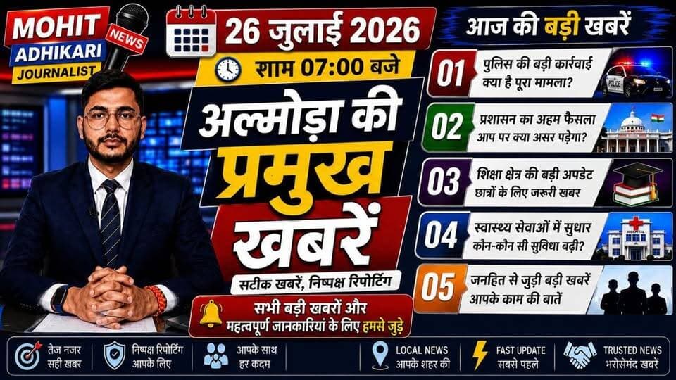 🔴 आज की प्रमुख खबरें | 27 जुलाई 2026 | शाम 07 बजे
देश, प्रदेश और जनहित से जुड़ी महत्वपूर्ण खबरें एक ही वीडियो में। सटीक खबरें, निष्पक्ष रिपोर्टिंग और आपके साथ हर पल।
🎥 वीडियो देखें, अपनी राय कमेंट में बताएं और पेज को फॉलो करना न भूलें।
#BreakingNews #TodayNews #LatestNews #DigitalMediaNetworkIndia #NewsUpdate #HindiNews #IndiaNews #UttarakhandNews #EveningNews #Journalism #News24x7