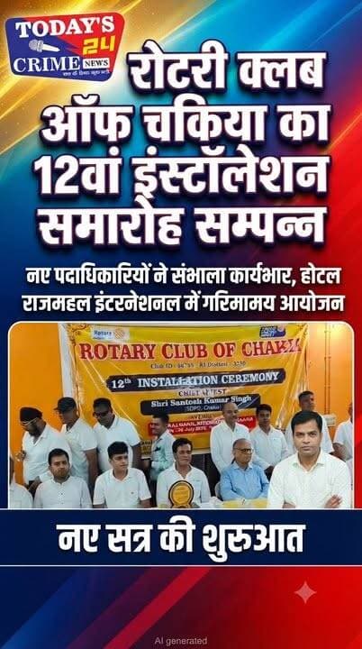 रोटरी क्लब ऑफ चकिया का 12वां इंस्टॉलेशन समारोह सम्पन्न, नए पदाधिकारियों ने संभाला कार्यभार
मोतिहारी के चकिया नगर के स्थानीय होटल राजमहल इंटरनेशनल में रोटरी क्लब ऑफ चकिया का 12वां इंस्टॉलेशन समारोह गरिमामय वातावरण में आयोजित किया गया। समारोह में नए सत्र के लिए क्लब के अध्यक्ष, सचिव एवं निदेशक मंडल ने विधिवत पदभार ग्रहण कर समाज सेवा के कार्यों को नई ऊर्जा के साथ आगे बढ़ाने का संकल्प लिया।।।।।।।।
#motiharinews #amiteshkumar #motiharinewsupdate #Todays_24_Crime_News #motiharpolice