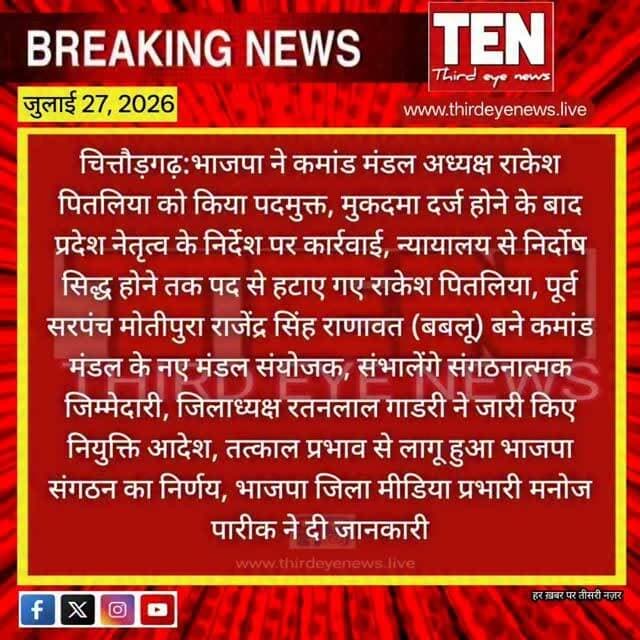 Chittorgarh:भाजपा ने कमांड मंडल अध्यक्ष राकेश पितलिया को किया पदमुक्त
#chittorgarhnews #latestnews #newsupdate