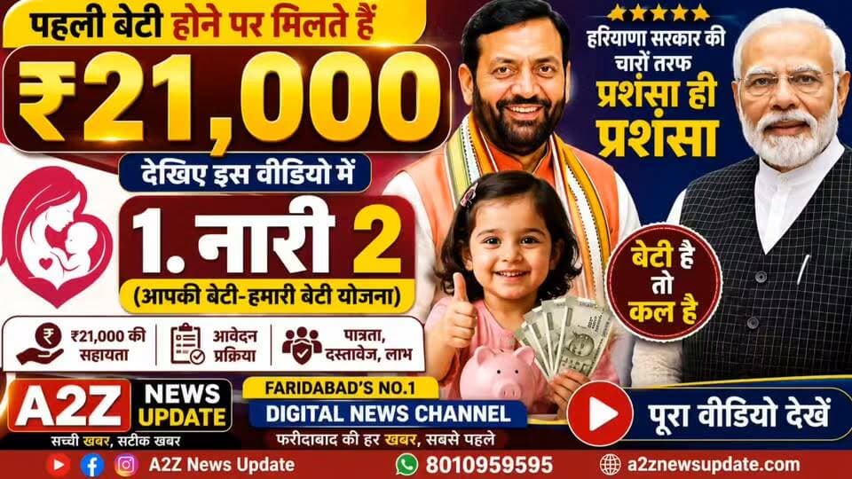 बेटी हुई है? मिल सकते हैं ₹21,000! जानिए 'आपकी बेटी-हमारी बेटी' योजना की पूरी जानकारी
👉'नारी 2' योजना: पहली बेटी पर ₹21,000 की आर्थिक सहायता, पूरी जानकारी इस वीडियो में
#Haryana #HaryanaGovernment #BetiBachao #GirlChild #Daughter #GovernmentScheme #WelfareScheme #FinancialAssistance #ApkiBetiHamariBeti #Nari2 #WomenEmpowerment #SocialWelfare #FamilySupport #NewBorn #ChildBenefits #IndiaNews #Faridabad #A2ZNewsUpdate #BreakingNews #ViralVideo Vipul Goel Nayab Saini DIPRO Faridabad DC Faridabad PMO India