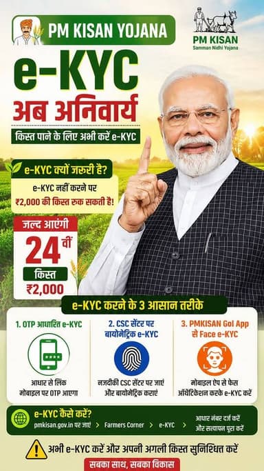 🚜 PM Kisan योजना का लाभ लेना है तो e-KYC आज ही पूरा करें!
अगर आपने अभी तक PM Kisan e-KYC नहीं कराया है, तो आपकी अगली ₹2,000 की किस्त रुक सकती है।
✅ OTP से e-KYC
✅ CSC सेंटर पर बायोमेट्रिक e-KYC
✅ PMKISAN GoI App से Face e-KYC
⏳ आख़िरी समय का इंतज़ार न करें। आज ही अपना e-KYC पूरा करें और अगली किस्त सुनिश्चित करें।
📲 ऐसी ही सरकारी योजनाओं, भर्ती, रिजल्ट और ताज़ा अपडेट के लिए जुड़े रहें।
🌐 Visit: SarkariBihari.com
#PMKisan #eKYC #PMKisanYojana #KisanSammanNidhi #FarmerUpdate #PMKisan2026 #CSC #DBT #SarkariYojana #SarkariBihari