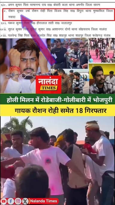 भोजपुरी गायक रौशन रोही समेत 18 लोगों की गिरफ्तारी के बाद पूरे इलाके में सनसनी।
क्या था पूरा मामला? कौन है जिम्मेदार?
त्योहार का मंच कैसे बना रणभूमि?
पूरा सच जानने के लिए वीडियो आखिर तक देखें… 🎥👇#BreakingNews #BiharSharif #NalandaNews #HoliMahotsav #RaushanRohi #BhojpuriSinger #HoliBawal #BiharNews #ViralNews #TrendingNow #FacebookReels #ReelsIndia #NewsUpdate #IndianNews #ViralReel @raushana रोही