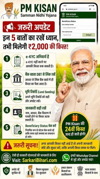 🚨 PM Kisan लाभार्थियों के लिए बड़ी जानकारी!
क्या आप चाहते हैं कि अगली ₹2,000 की किस्त बिना किसी परेशानी के आपके खाते में आए? तो इन 5 ज़रूरी बातों को अभी चेक करें। 👇
✅ e-KYC पूरा है या नहीं
✅ बैंक खाता DBT से लिंक है या नहीं
✅ Land Seeding (भूमि रिकॉर्ड) अपडेट है या नहीं
✅ आधार, नाम और बैंक विवरण सही हैं या नहीं
✅ Beneficiary Status नियमित रूप से चेक कर रहे हैं या नहीं
⚠️ इनमें से किसी एक भी जानकारी में गलती होने पर आपकी किस्त में देरी हो सकती है। इसलिए अभी जांच करें और जरूरत हो तो समय रहते सुधार कराएं।
📲 ऐसी ही PM Kisan, किसान योजना और सरकारी अपडेट सबसे पहले पाने के लिए Follow करें और इस Reel को हर किसान भाई-बहन तक ज़रूर शेयर करें।
🌐 Visit: SarkariBihari.com
#PMKisan #PMKisanYojana #PMKisan24thInstallment #PMKisanUpdate #PMKisanStatus #eKYC #BeneficiaryStatus