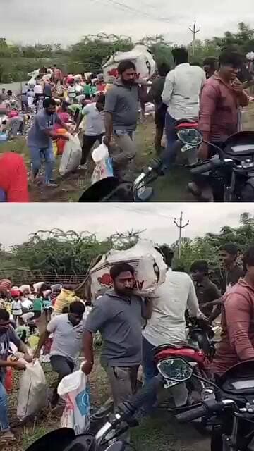 ఆపిల్ పండ్ల తో వెళ్తున్న డీసీఎం బోల్తా లూటీ చేసిన ప్రజలు.