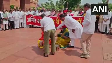 पप्पू यादव बने पुजारी, राहुल ने दान पात्र में डाले पैसे, चंदा चोरी पर संसद भवन के बाहर विपक्ष का तंजभरा प्रदर्शन