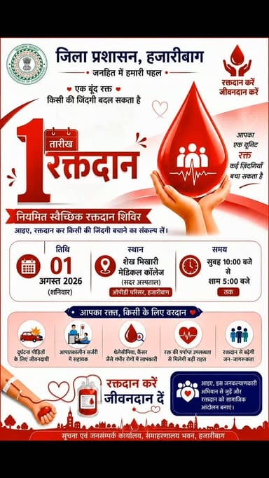 हजारीबाग: 01 अगस्त 2026 (शनिवार) को शेख भिखारी मेडिकल कॉलेज अस्पताल ( सदर अस्पताल) स्थित ब्लड बैंक में जिला स्तरीय मेगा स्वैच्छिक रक्तदान शिविर आयोजित होगा।
आइए, रक्तदान कर जरूरतमंदों को नया जीवन दें। आपका एक यूनिट रक्त कई जिंदगियां बचा सकता है।
JharkhandCMO
@prdjharkhand