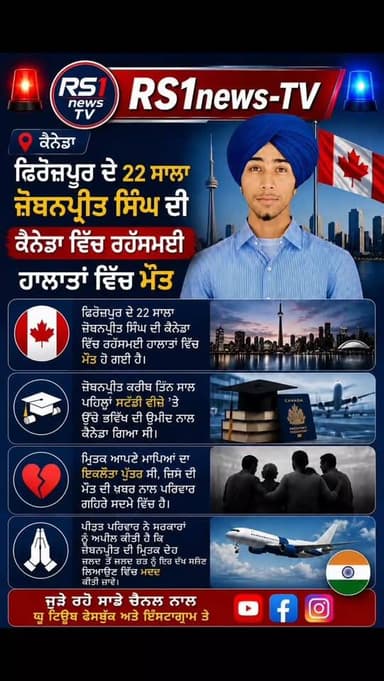 ਫਿਰੋਜ਼ਪੁਰ ਦੇ 22 ਸਾਲਾ ਨੌਜਵਾਨ ਜੋਬਨਪ੍ਰੀਤ ਦੀ ਕਨੇਡਾ ਵਿੱਚ ਰਹਸਮਈ ਹਾਲਾਤਾਂ ਵਿੱਚ ਮੌਤ...#RS1news_TV #punjab #breakingnews #punjabgovernment #newsupdate