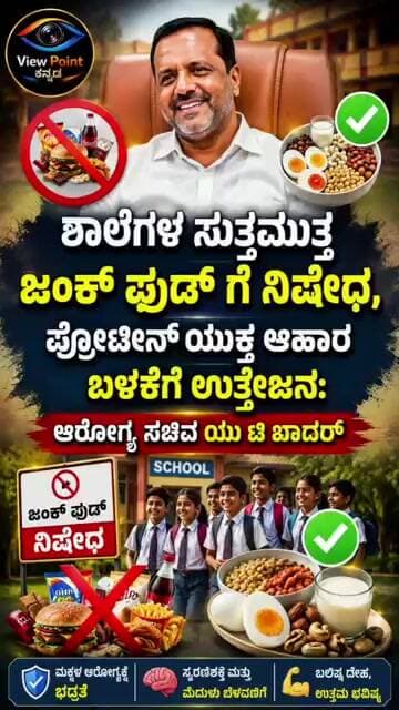 ಶಾಲೆಗಳ ಸುತ್ತಮುತ್ತ ಜಂಕ್ ಫುಡ್ ಗೆ ನಿಷೇಧ, ಪ್ರೊಟೀನ್ ಯುಕ್ತ ಆಹಾರ ಬಳಕೆಗೆ ಉತ್ತೇಜನ: ಆರೋಗ್ಯ ಸಚಿವ ಯು ಟಿ ಖಾದರ್