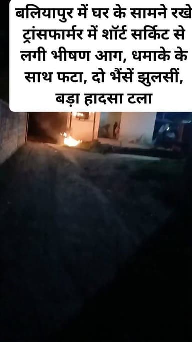 बलियापुर में घर के सामने रखे ट्रांसफार्मर में शॉर्ट सर्किट से लगी भीषण आग, धमाके के साथ फटा, दो भैंसें झुलसीं, बड़ा हादसा टला
