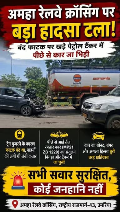 💥अमहा रेलवे क्रॉसिंग पर बड़ा हादसा टला। बंद फाटक पर खड़े पेट्रोल टैंकर में पीछे से तेज रफ्तार कार जा भिड़ी। कार का अगला हिस्सा बुरी तरह क्षतिग्रस्त हुआ, लेकिन सभी सवार सुरक्षित रहे। घटना के बाद कुछ देर तक मौके पर अफरा-तफरी का माहौल रहा।
#Umaria #RoadAccident #NH43 #BreakingNews #madhyapradesh