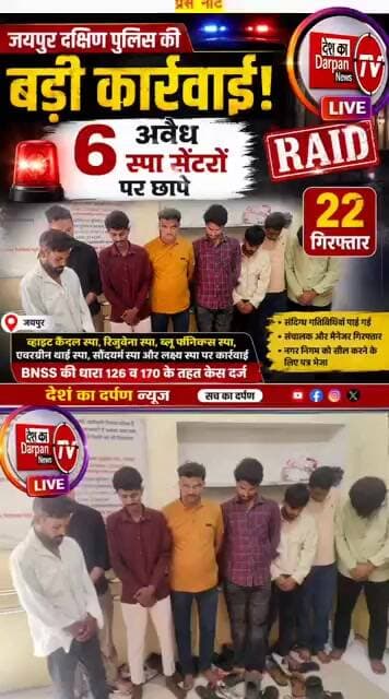 जयपुर दक्षिण पुलिस की बड़ी कार्रवाई, 6 अवैध स्पा सेंटरों पर छापे, 22 गिरफ्तार