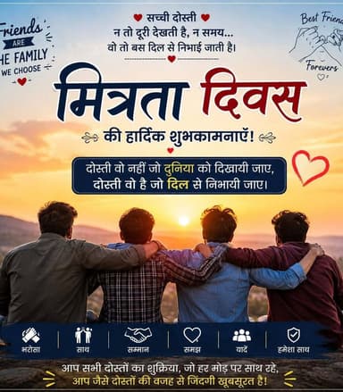🤝🦚 Happy Friendship Day 🦚🤝
श्रीकृष्ण–सुदामा की मित्रता हमें सिखाती है कि
सच्ची दोस्ती न धन देखती है, न पद, न समय और न ही दूरी।
जहाँ प्रेम, विश्वास, सम्मान और निस्वार्थ भाव हो,
वहीं मित्रता जीवन का सबसे अनमोल धन बन जाती है।
🌼 भगवान श्रीकृष्ण और परम मित्र सुदामा जैसी पवित्र मित्रता का आशीर्वाद सभी को प्राप्त हो।
रिश्ते खून से नहीं, विश्वास से बनते हैं…
और मित्रता उसका सबसे सुंदर उदाहरण है।
🙏 जय श्रीकृष्ण।
🌺 सभी को मित्रता दिवस की हार्दिक शुभकामनाएँ। 💛
🦚🤝 #HappyFriendshipDay #मित्रता_दिवस
