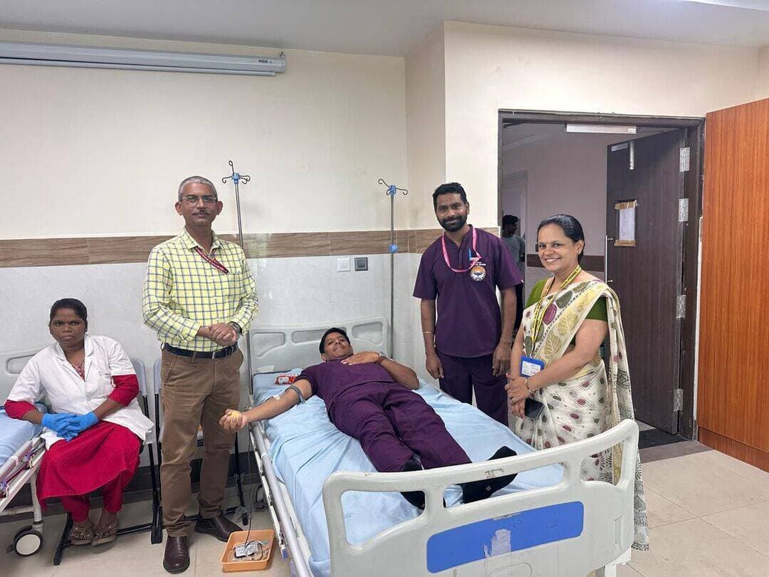 On the occasion of International Nurses Day, a Blood Donation Camp was conducted in collaboration with the Red Cross society, Hyderabad.
The event witnessed enthusiastic participation from Senior Nursing Officers, Nursing Officers, students, other employees, & members of the public. Demonstrating their commitment beyond nursing care, AIIMS, Bibinagar Nursing Officers actively participated in blood donation & motivated others to contribute to this noble cause.
Prof. Amita Aggarwal, Executive Director, Dr.Latha.T, Chief Nursing Officer, Dr.Kuldeep GB, MS & Rajneesh Mishra, DDA appreciated the efforts & participation of all donors & organizers.
A total of 42 blood donations were successfully collected during the camp.
The blood donation camp was organized by Mr. Gurram Ram Reddy, SNO AIIMS Bibinagar.
The program reflected the spirit of service, compassion, & social responsibility on the occasion of International Nurses Day.
Ministry of Health and Family Welfare, Government of India
J.P.Nadda
Prataprao Jadhav
Anupriya Patel अनुप्रिया पटेल
Kishan Reddy Gangapuram