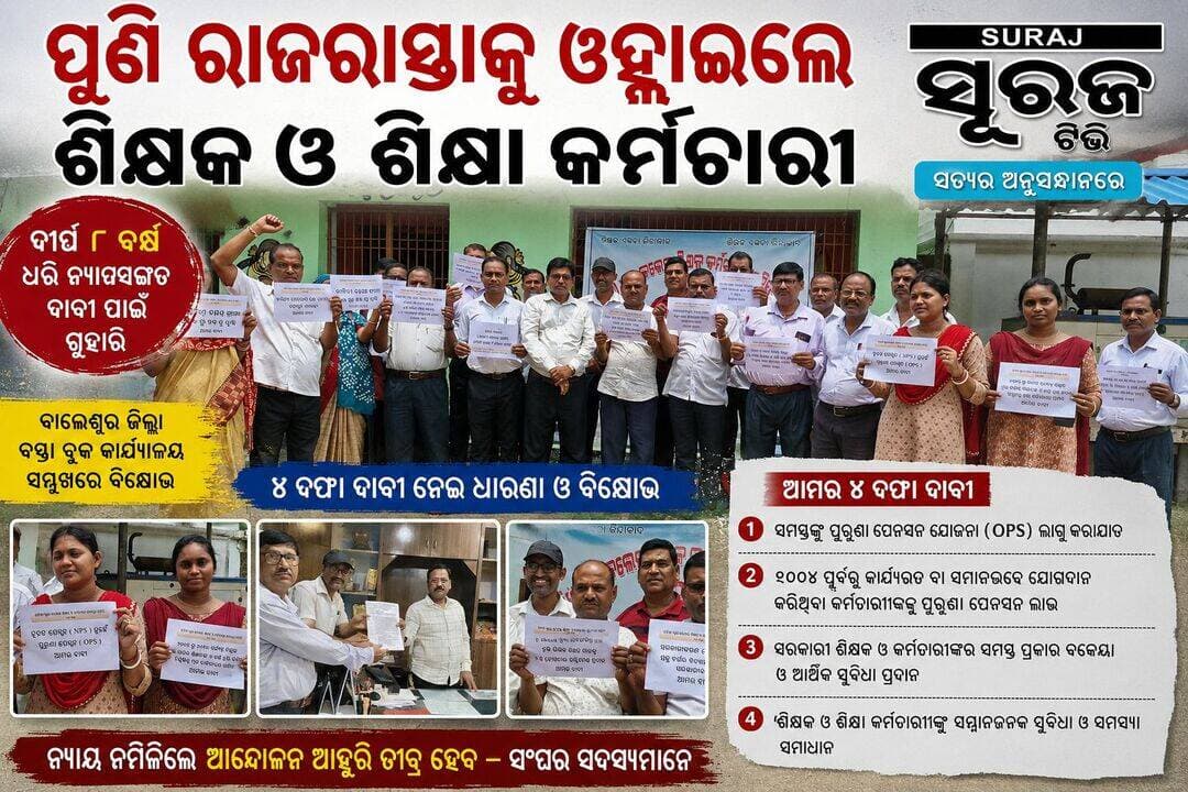 ପୁଣି ରାଜରାସ୍ତାକୁ ଓହ୍ଲାଇଲେ ଶିକ୍ଷକ ଓ ଶିକ୍ଷା କର୍ମଚାରୀ। ଦୀର୍ଘ ୮ ବର୍ଷ ଧରି ନ୍ୟାୟସଙ୍ଗତ ଦାବୀ ପୂରଣ ପାଇଁ ସରକାରଙ୍କୁ ଗୁହାରି କରି ଆସୁଥିଲେ ମଧ୍ୟ କୌଣସି ସୁଫଳ ମିଳୁନଥିବା ଅଭିଯୋଗ କରିଛି ଓଡ଼ିଶା ସ୍କୁଲ, କଲେଜ ଶିକ୍ଷକ ଓ ଶିକ୍ଷା କର୍ମଚାରୀ ସମିତି। ଆଜି ୪ ଦଫା ଦାବୀକୁ ନେଇ ବାଲେଶ୍ୱର ଜିଲ୍ଲା ବସ୍ତା ବ୍ଲକ କାର୍ଯ୍ୟାଳୟ ସମ୍ମୁଖରେ ବିଶାଳ ଧାରଣା ଓ ବିକ୍ଷୋଭ କରିଛନ୍ତି ସଂଘର ସଦସ୍ୟମାନେ।
Surajtv Odia Surajtv CMO Odisha PMO India
