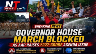 Chandigarh: The Aam Aadmi Party's protest march from the Municipal Corporation, Sector 17, to the Governor House against alleged irregularities in the ₹227-crore table agenda was stopped by Chandigarh Police in Sector 17. Police used water cannons to disperse the protesting workers after they attempted to move ahead. #highlight #highlightseveryone #chandigarh #AamAdmiParty #AAPChandigarh #followerseveryone #followersシ゚ #viralreels #chandigarhnews