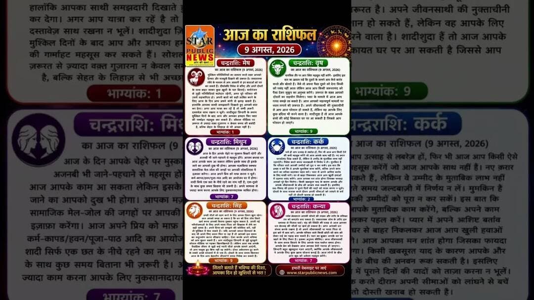 #starpublicnews आज दिनांक 09-08-2026 सभी चन्द्रराशि का राशिफल। #rashifal #today #jyotish #bhagyank