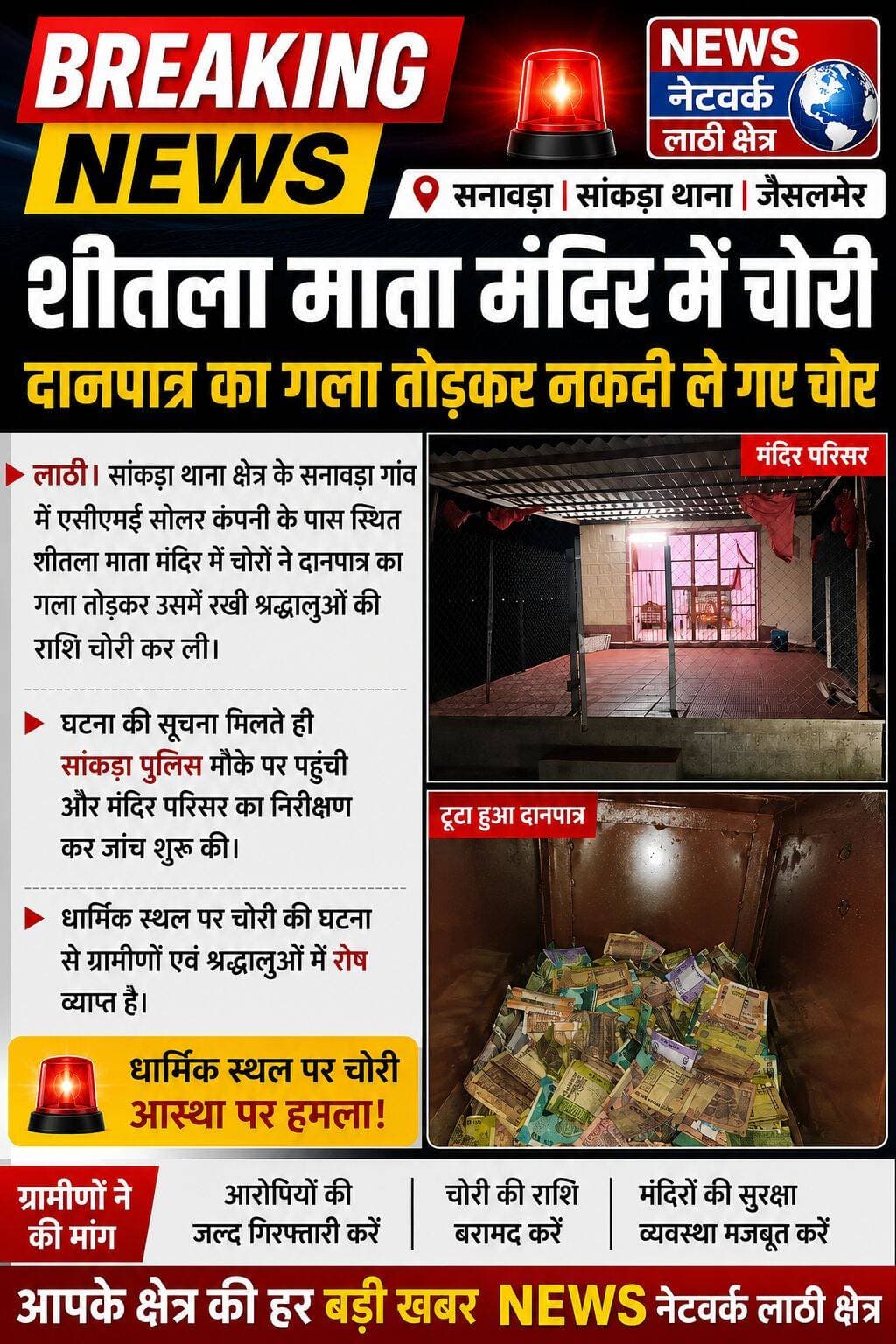 <nis:link nis:type=tag nis:id=jaisalmer nis:value=jaisalmer nis:enabled=true nis:link/> <nis:link nis:type=tag nis:id=लाठी nis:value=लाठी nis:enabled=true nis:link/> शीतला माता मंदिर में चोरी ,दानपात्र का गला तोड़कर नकदी ले गए चोर