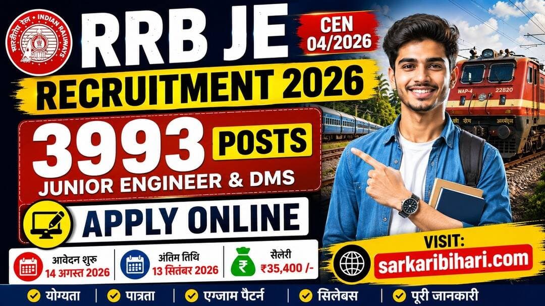 🚆 RRB JE Recruitment 2026 Notification Out!
Railway Recruitment Boards ने CEN 04/2026 के तहत 3993 Junior Engineer और Depot Material Superintendent vacancies जारी की हैं।
📅 Online Apply: 14 August 2026
📅 Last Date: 13 September 2026
💰 Initial Pay: ₹35,400
📝 Selection: CBT-I → CBT-II → DV → Medical
पूरी जानकारी और Online Apply Link SarkariBihari.com पर देखें।
<nis:link nis:type=tag nis:id=rrbje2026 nis:value=RRBJE2026 nis:enabled=true nis:link/> <nis:link nis:type=tag nis:id=railwayjobs nis:value=RailwayJobs nis:enabled=true nis:link/> <nis:link nis:type=tag nis:id=sarkarijob nis:value=SarkariJob nis:enabled=true nis:link/> <nis:link nis:type=tag nis:id=rrbrecruitment nis:value=RRBRecruitment nis:enabled=true nis:link/> <nis:link nis:type=tag nis:id=sarkaribihari nis:value=SarkariBihari nis:enabled=true nis:link/>