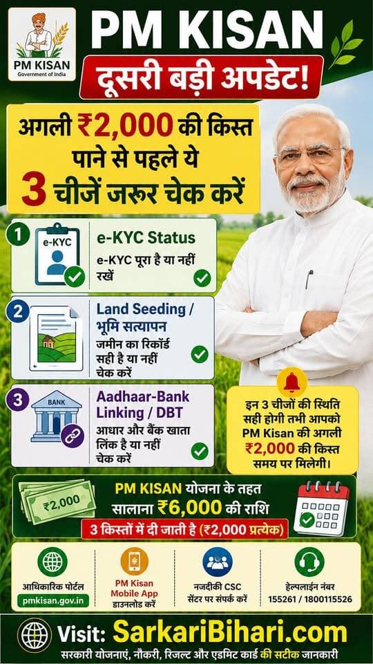 🌾 PM Kisan किसानों के लिए जरूरी अपडेट! 💰 अगली ₹2,000 की किस्त से पहले e-KYC, Land Seeding और Aadhaar-Bank Linking/DBT जरूर चेक कर लें। ✅
पूरी जानकारी के लिए पोस्ट देखें और ऐसी सरकारी योजनाओं की ताजा अपडेट के लिए SarkariBihari.com से जुड़े रहें। 🇮🇳
#PMKisan #PMKisanYojana #KisanUpdate #PMKisanInstallment #SarkariBihari