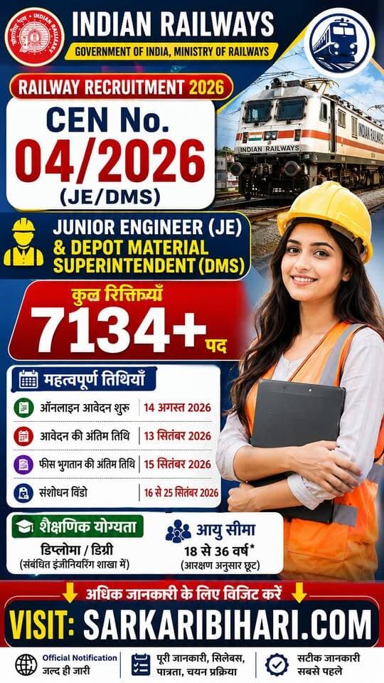 🚨 Railway Recruitment 2026 🔥 7134+ पद!
JE & DMS भर्ती का शानदार मौका 🎯
📚 योग्यता, उम्र, डेट और पूरी जानकारी के लिए अभी देखें 👇
🌐 SarkariBihari.com
#RailwayRecruitment2026 #RailwayJE #RailwayJobs #SarkariNaukri #SarkariBihari Facebook